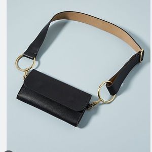 Anthropologie Black Leather Crossbody with Tan Strap